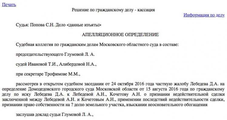 Скрин апеляционного решения по делу между Денисом и Анной Лебедевыми