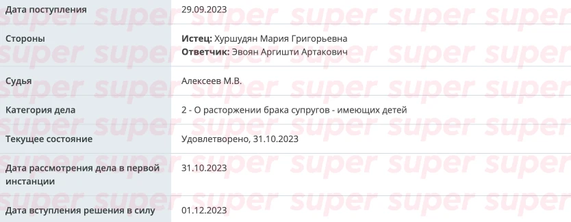 Дело о разводе Аргишти Эвояна. Фото: портал единого городского пространства Мировых судей Москвы 