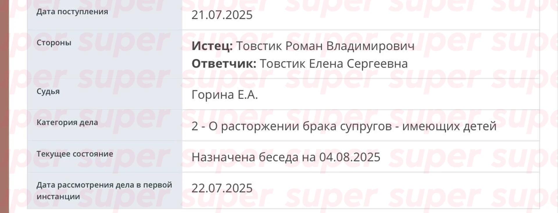 Дело о разводе Романа и Елены Товстик. Фото: портал единого городского пространства Мировых судей Москвы 