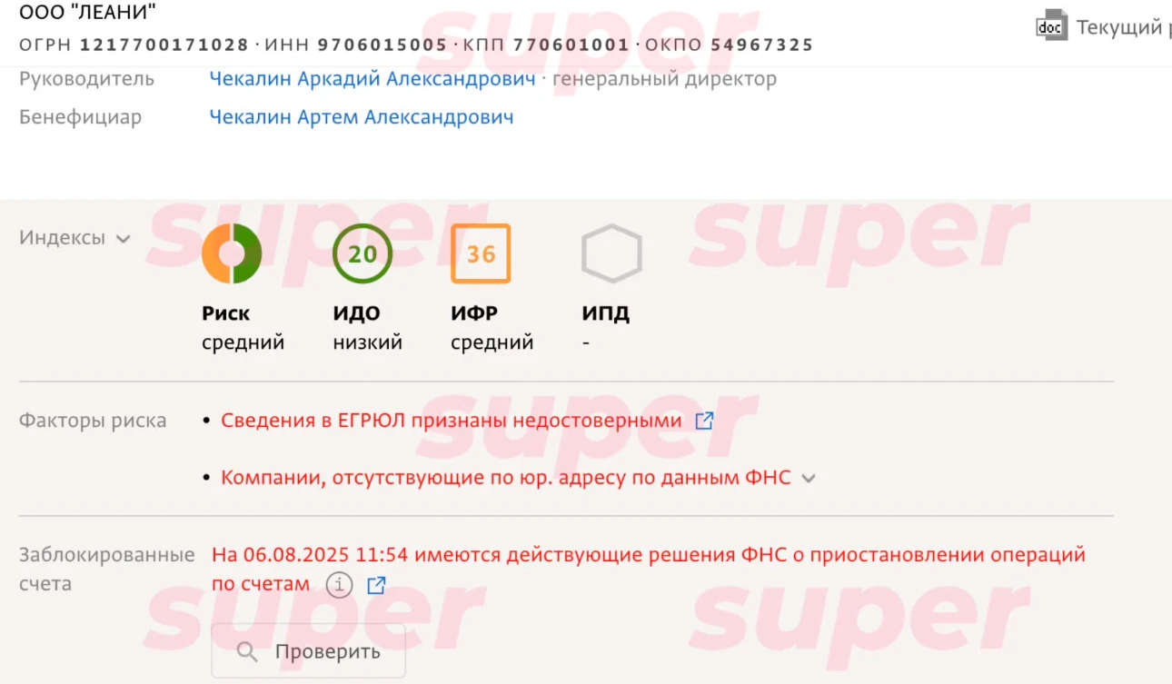 Информация о блокировки счетов ООО «Леани». Фото: СПАРК-Интерфакс