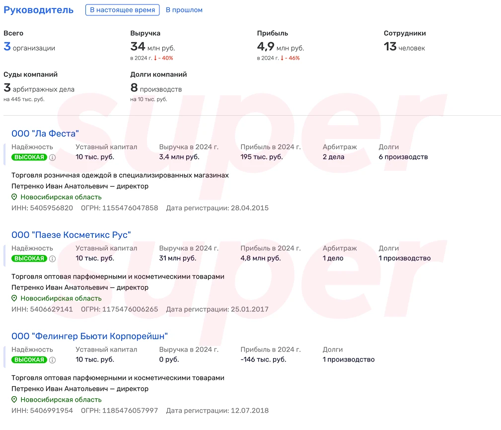 Информация о компаниях Ивана Петренко. Фото: Rusprofile