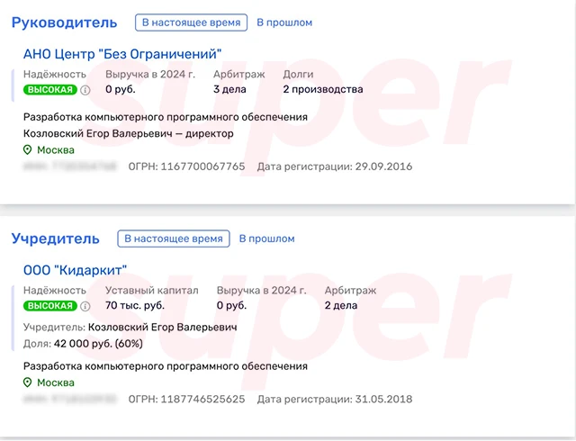 Данные о состоянии бизнеса Егора Козловского. Фото: Rusprofile 