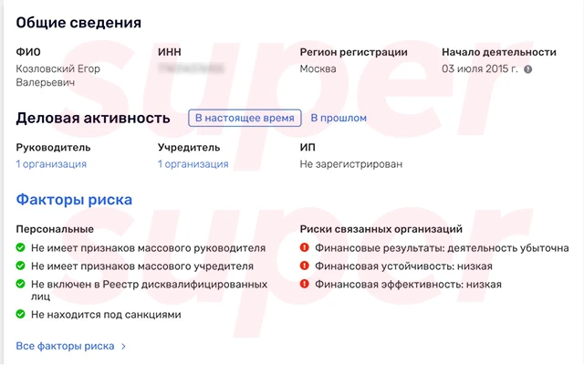 Данные о состоянии бизнеса Егора Козловского. Фото: Rusprofile 