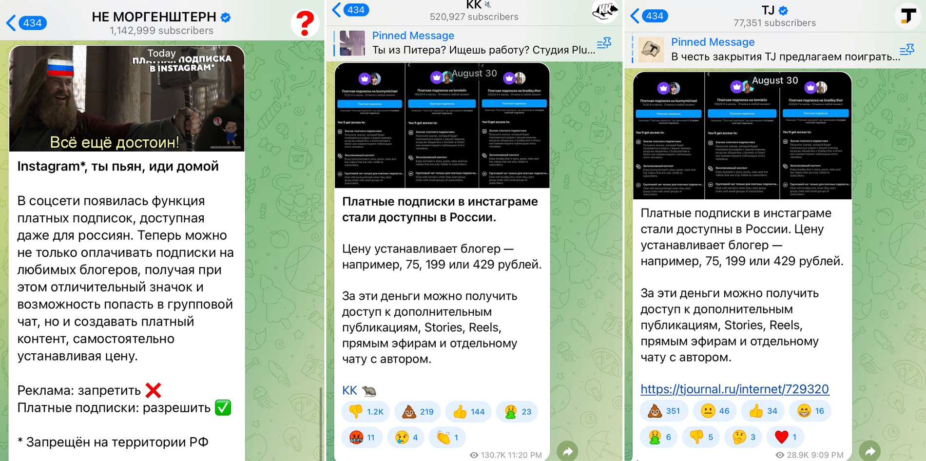Телеграм-каналы «НЕ МОРГЕНШТЕРН», «КК», TJ