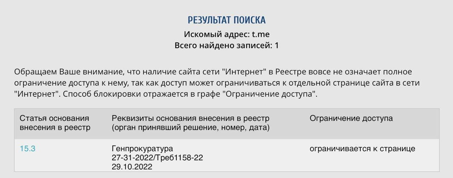 Домен t.me в реестре заблокированных сайтов Роскомнадзора
Фото: Mash