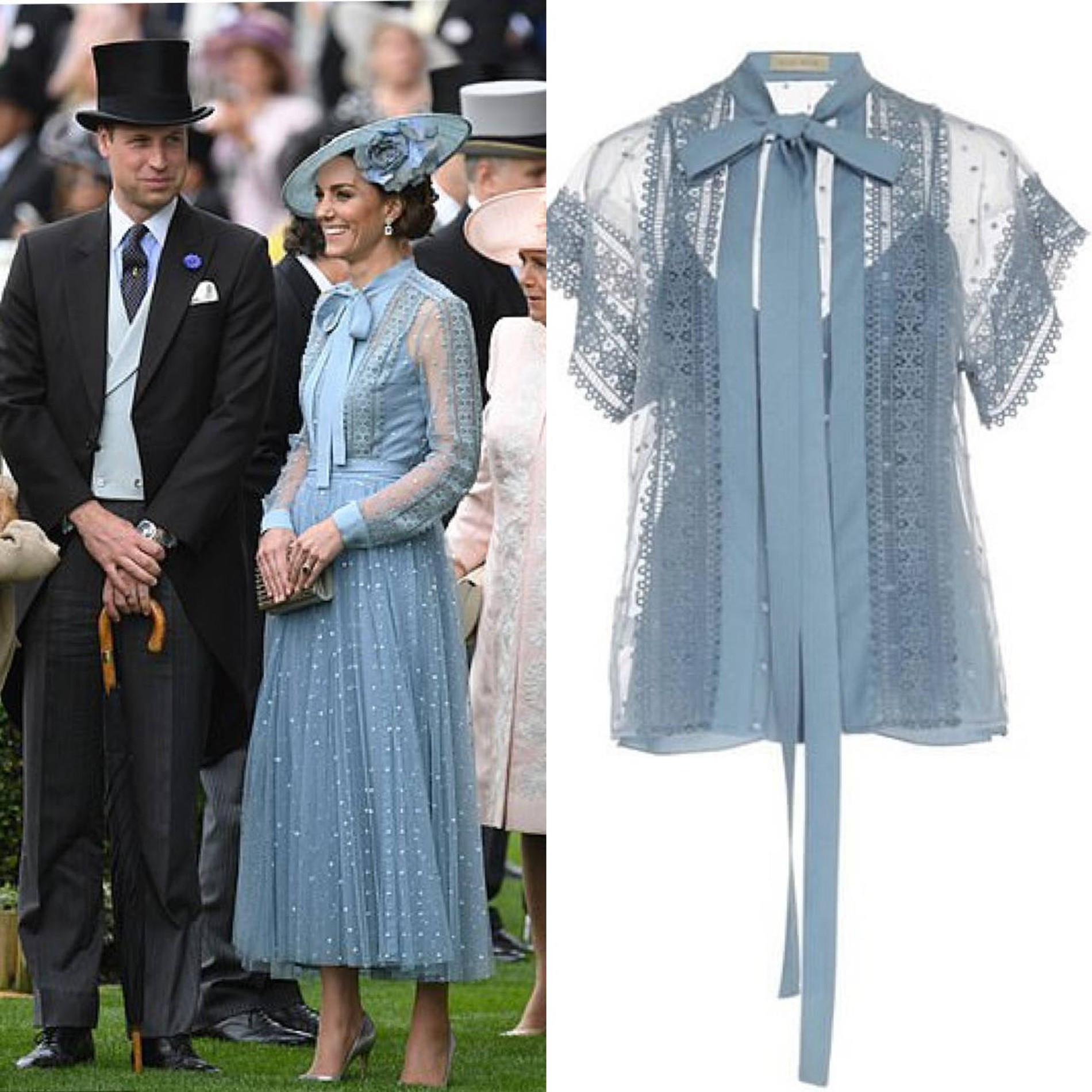Кейт в блузе и юбке Elie Saab на скачках Royal Ascot в 2019 году — отмечаем изменившуюся длину рукавов
Коллаж Super