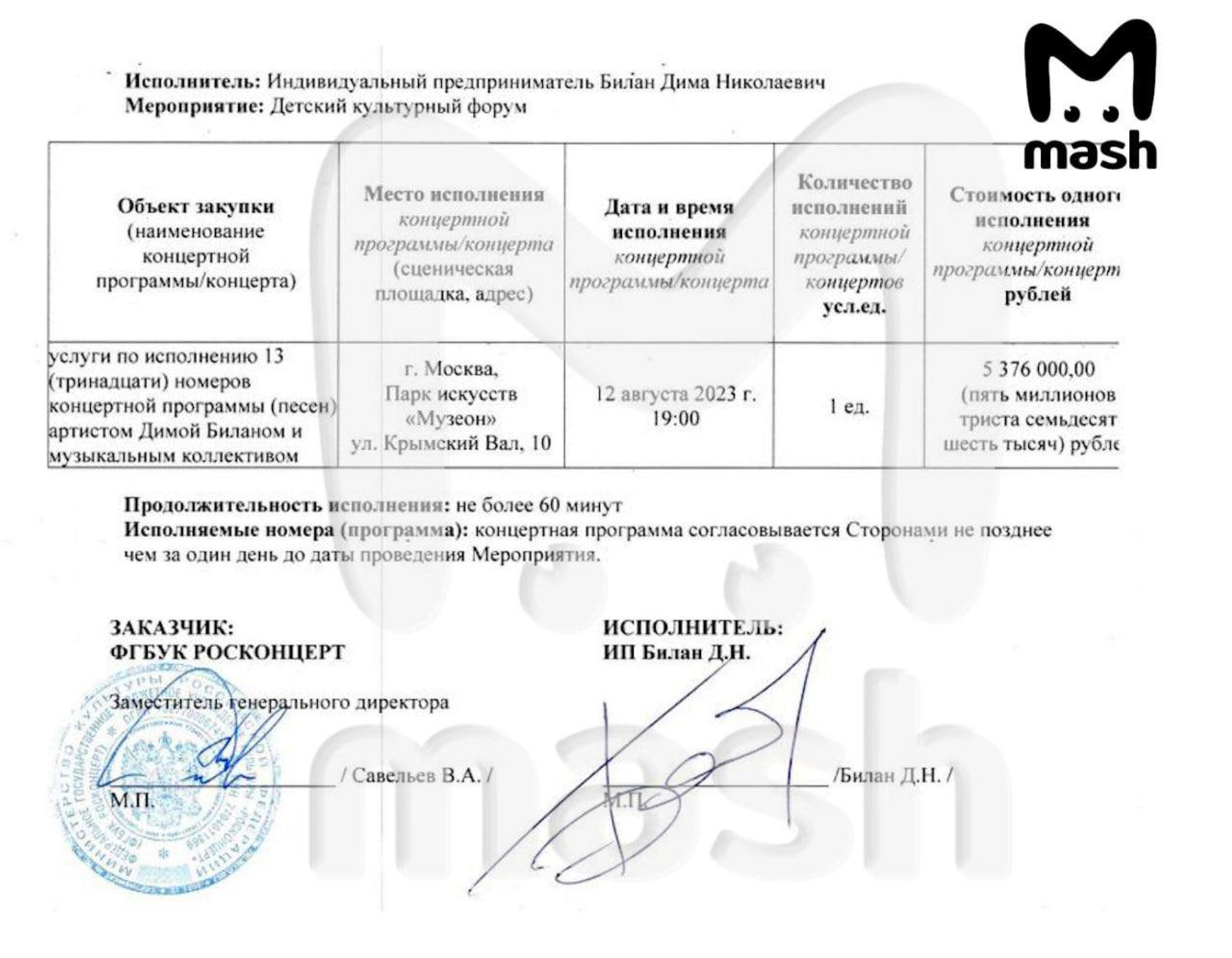 Договор между Димой Биланом и Детским культурным форумом. Источник: Mash