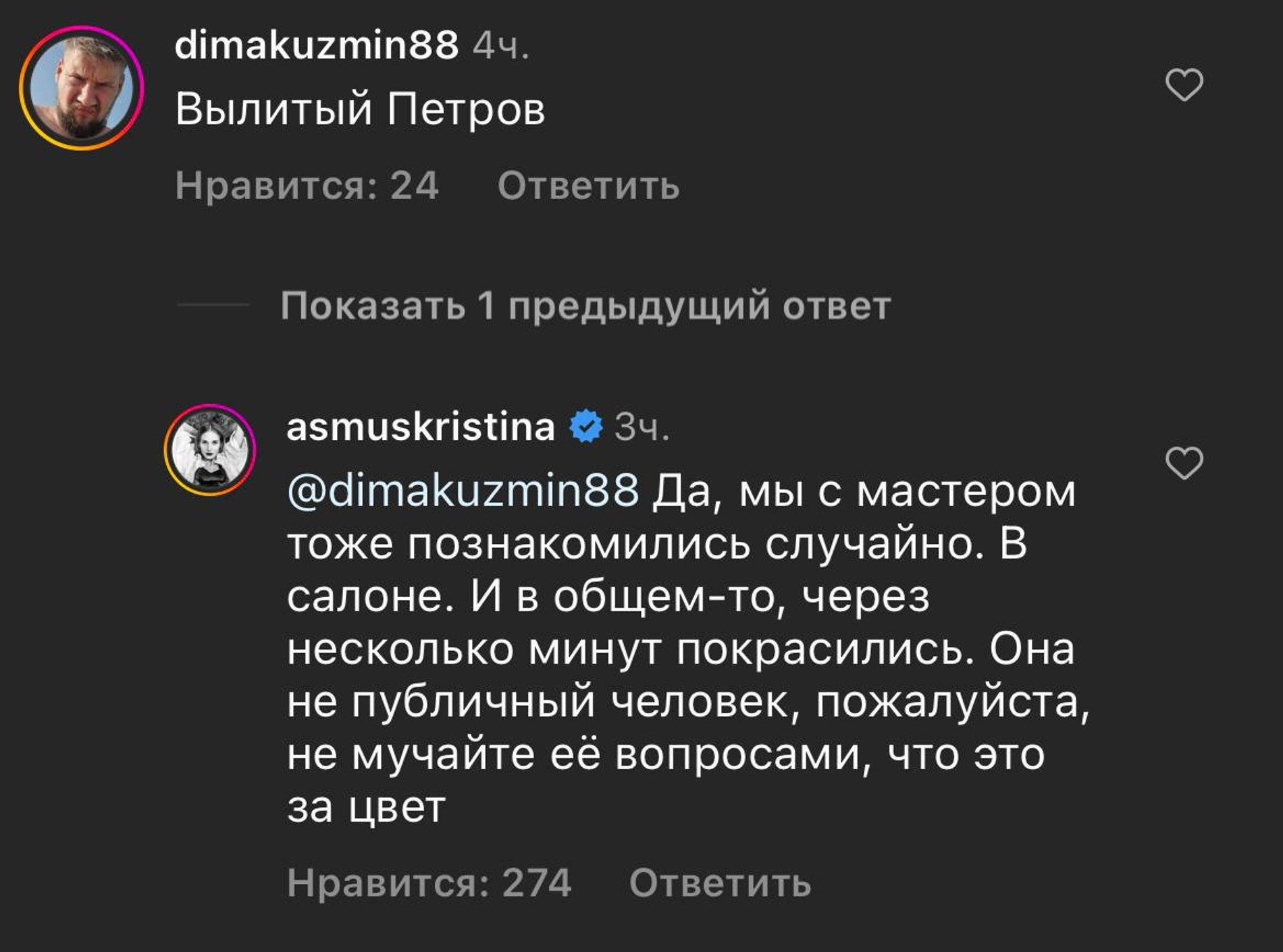 Кристина Асмус ответила подписчику. Скриншот: Инстаграм* @asmuskristina