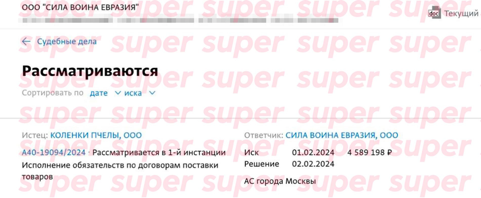 Иск в суд от ООО «Коленки пчелы» к ООО «Сила воина Евразия». Фото: «СПАРК-Интерфакс»