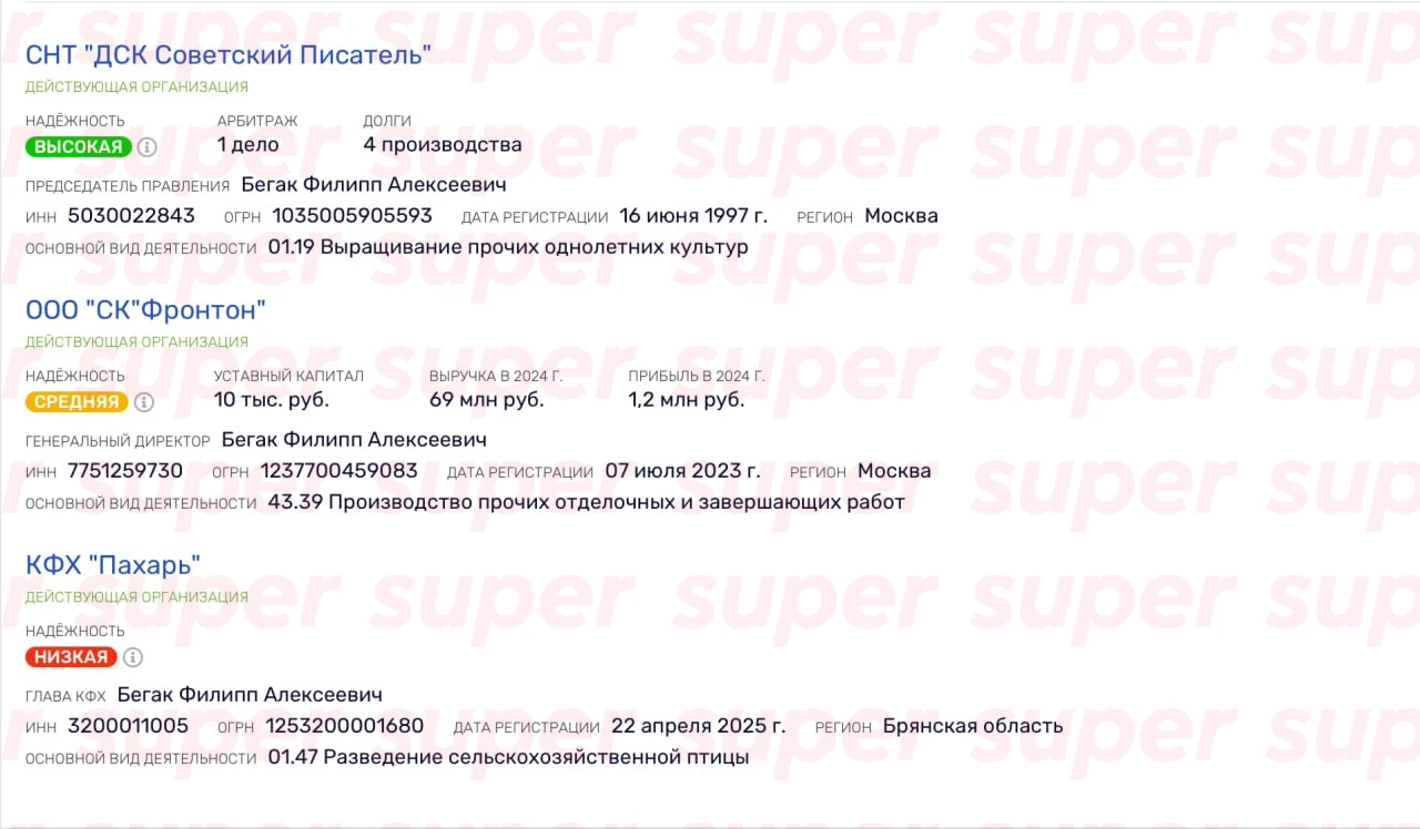 Данные о бизнесе Филиппа Бегака. Фото: Rusprofile