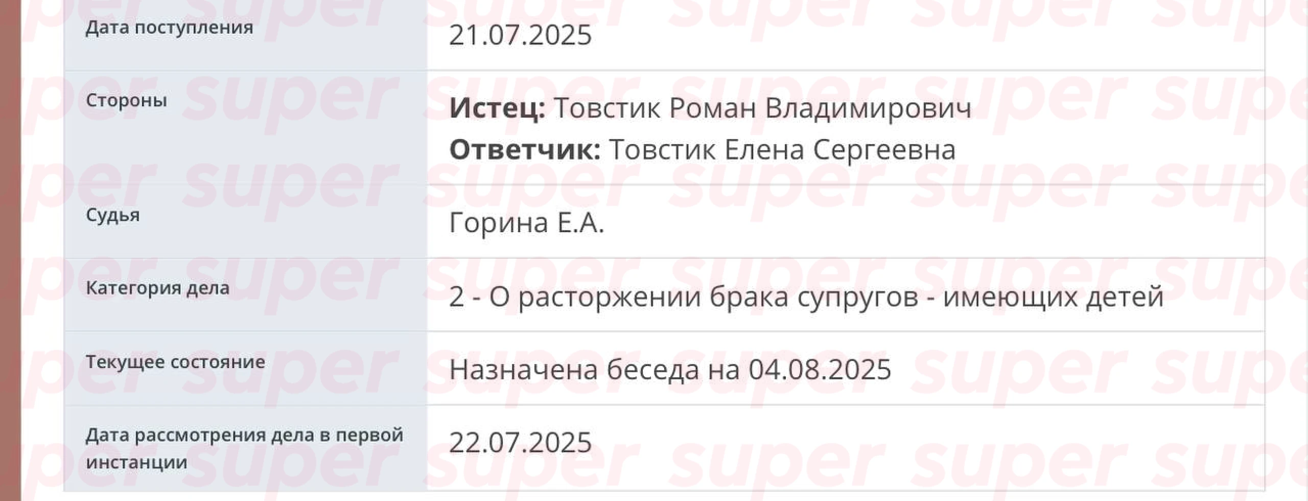 Дело о разводе Романа и Елены Товстик. Фото: портал единого городского пространства Мировых судей Москвы 