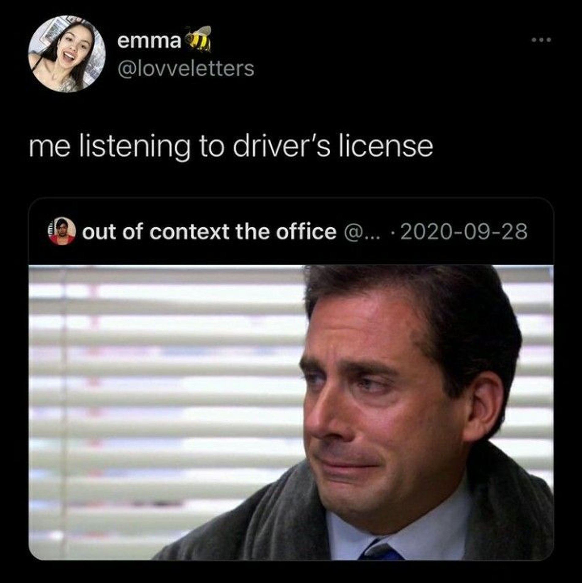 «Я, когда слушаю Drivers License»
Фото: Твиттер