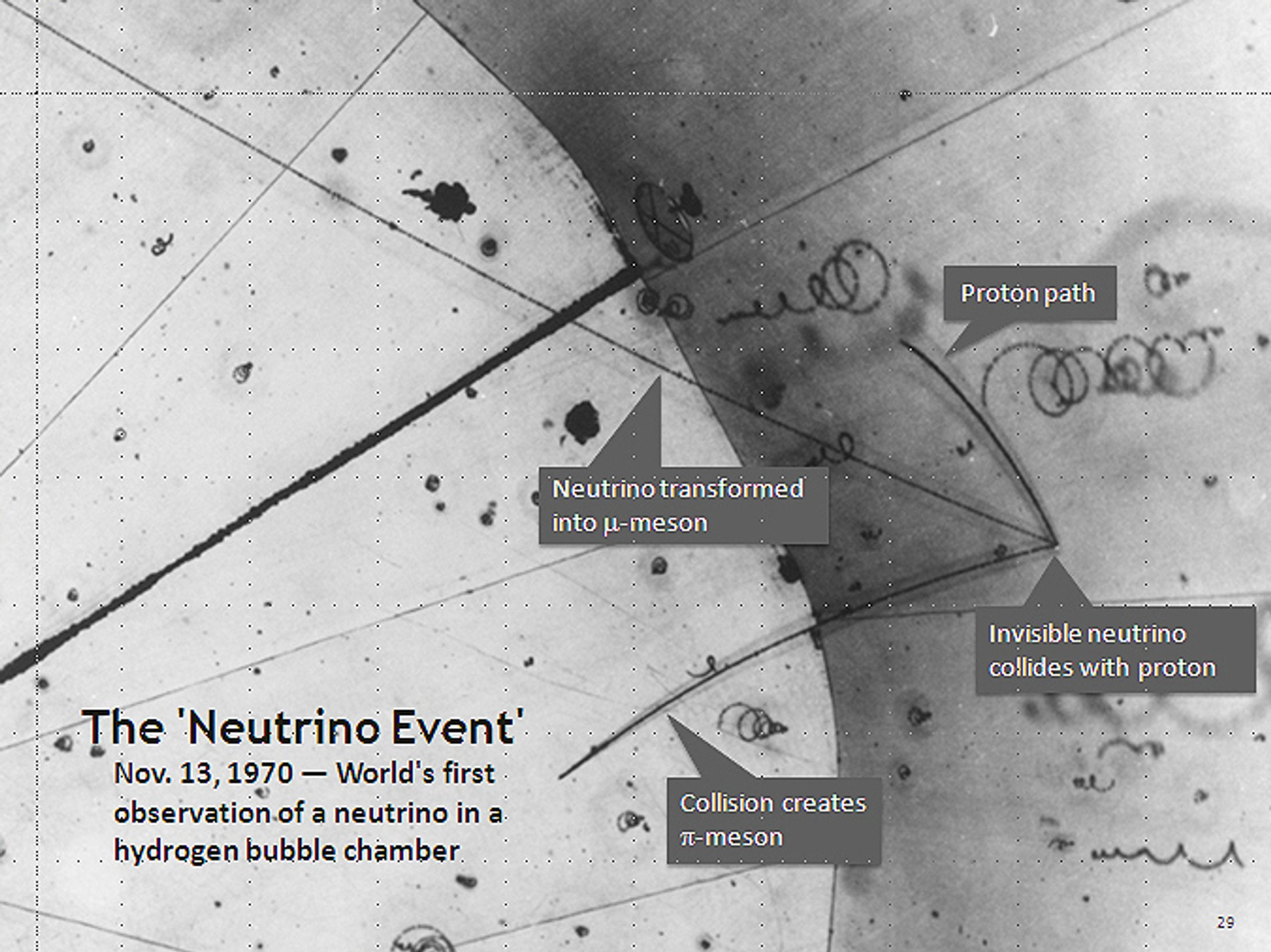 Первое обнаружение нейтрино через пузырьковую камеру 13 ноября 1970 года. Источник: Argonne National Laboratory