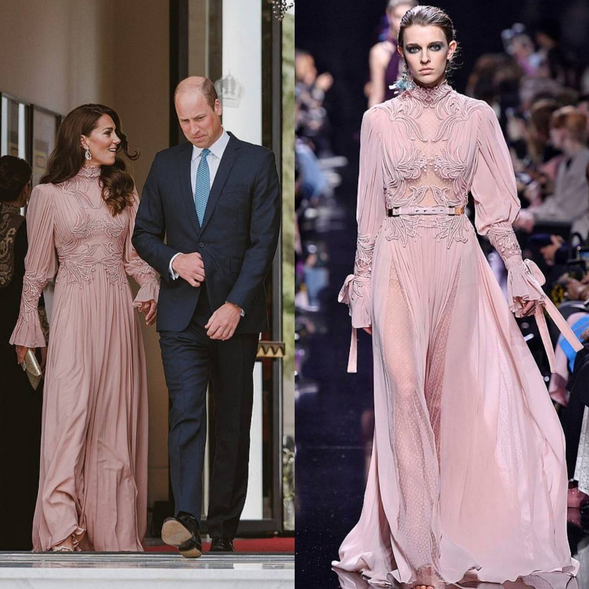 Кейт Миддлтон и принц Уильям на свадьбе принца Иордании Хусейна; модель на показе Elie Saab
Коллаж Super