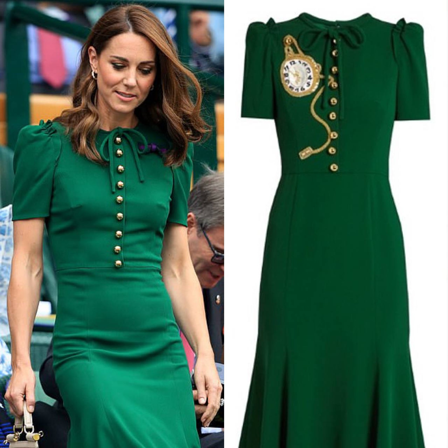На Уимблдонском турнире в 2019 году Кейт появилась в платье Dolce & Gabbana, но без вызывающей «часовой» аппликации оригинала
Коллаж Super