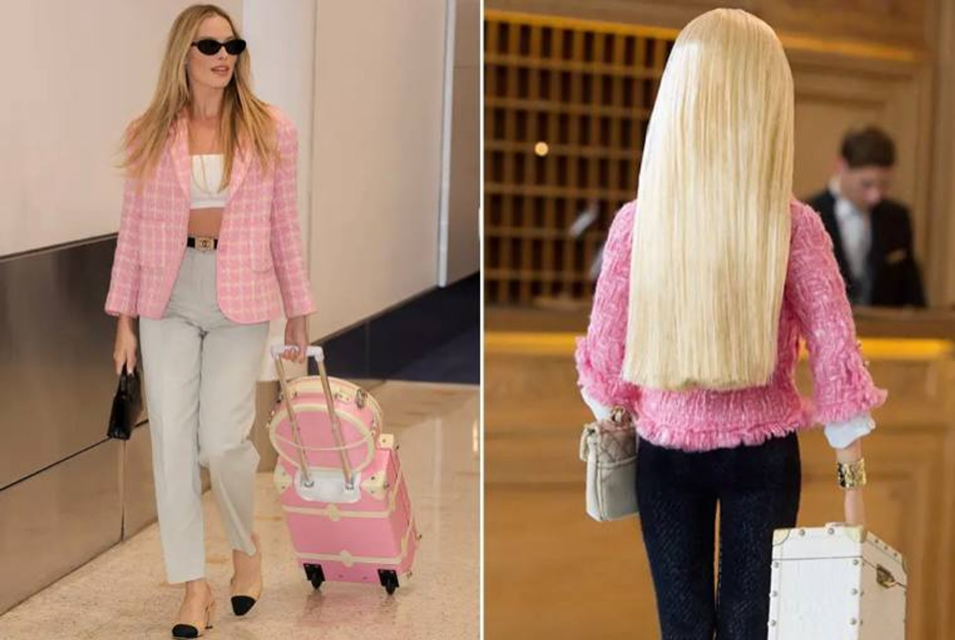 27 июня в аэропорту Сиднея актриса появилась в розовом жакете и серых брюках Chanel, а дополнили образ «кукольный» розовый чемодан и шляпная коробка от Steamline Luggage, вдохновленные стилем Барби
Фото: Page Six