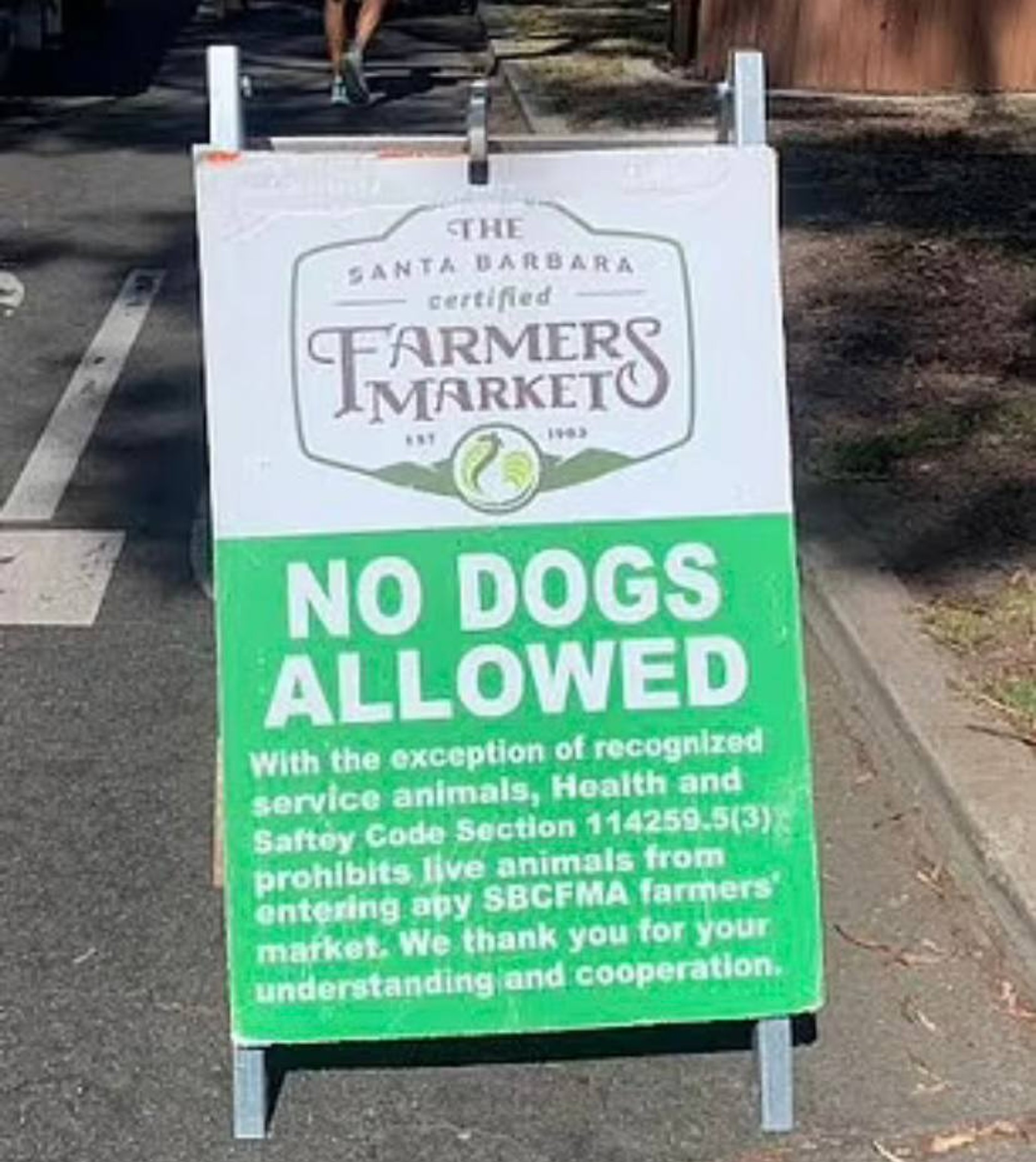 Табличка у входа на рынок, запрещающая вход с собаками за исключением служебных животных. Фото: Daily Mail