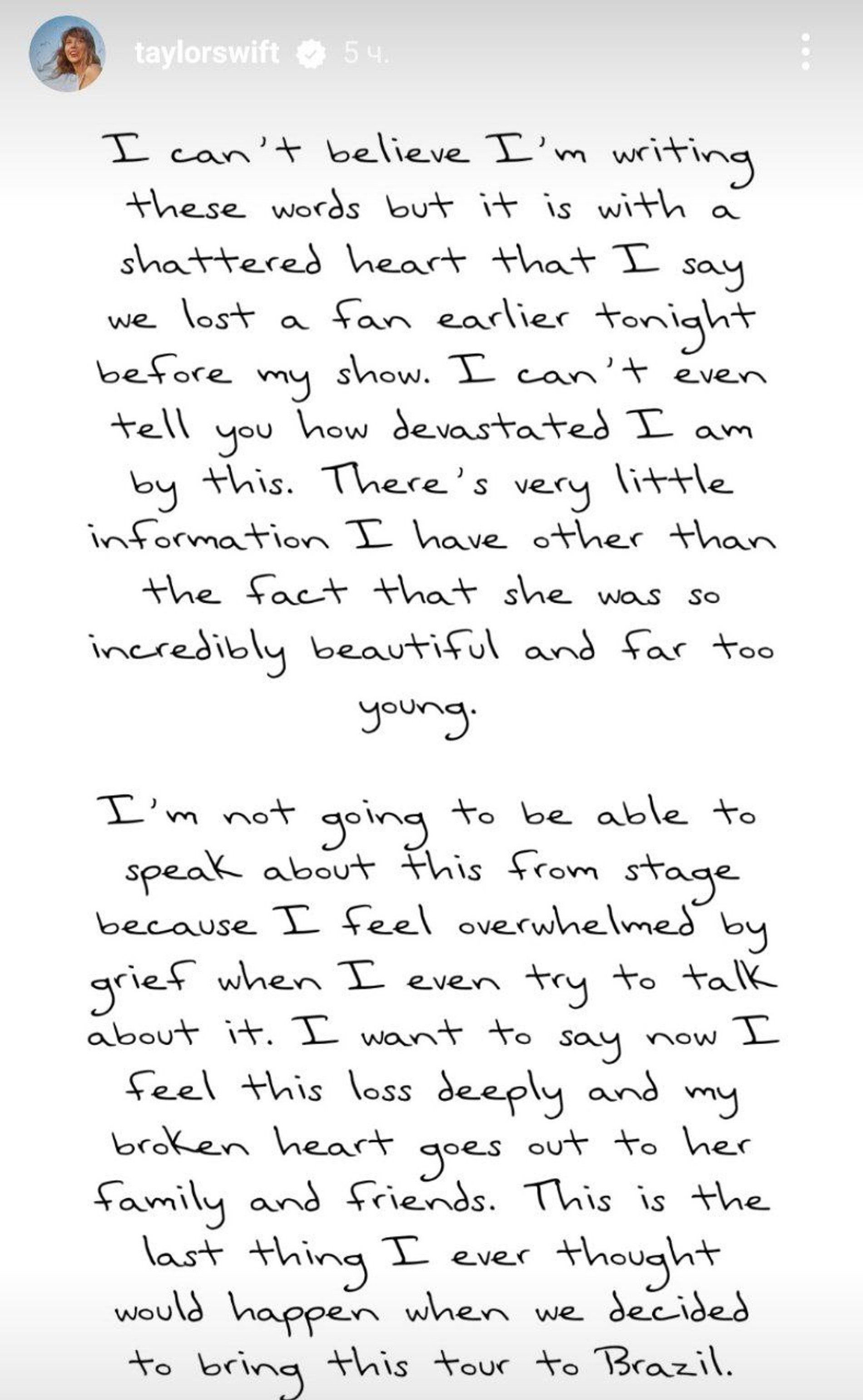 Письмо, которое опубликовала Тейлор Свифт после смерти фанатки. Скриншот: Инстаграм* / @taylorswift 