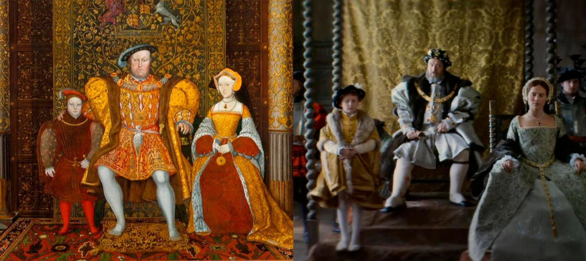 Портрет семьи Генриха VIII кисти неизвестного художника и кадр из фильма. Фото: RoadsideFlix