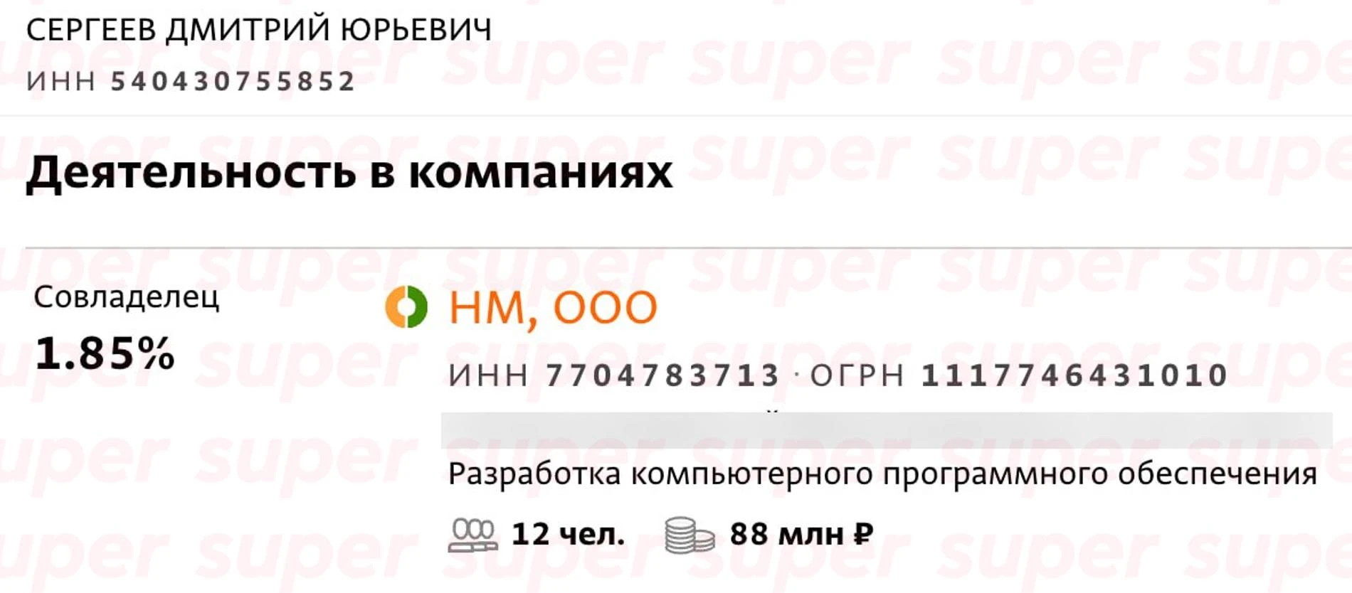 Доля Дмитрия Сергеева в ООО «НМ», совладельцем которой он является. Фото: Спарк-Интерфакс