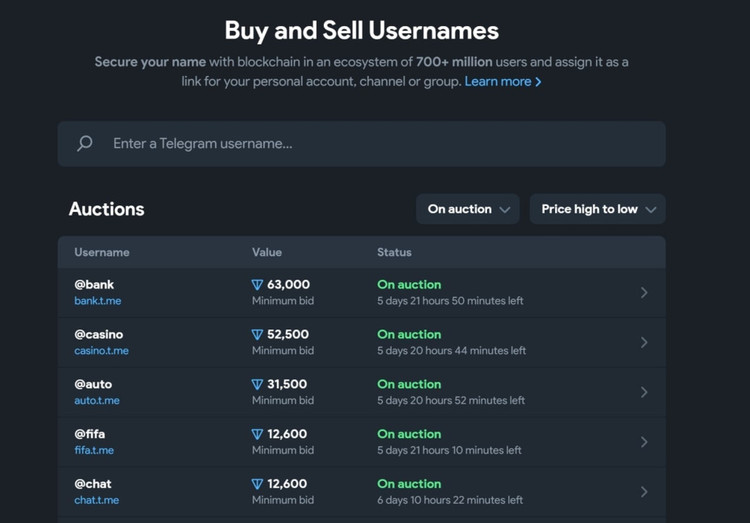 Telegram начал продавать юзернеймы. Цены - моё почтение