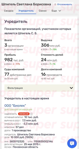 Данные о компаниях Светланы Шпигель. Фото: RusProfile
