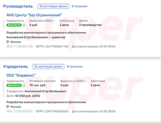 Данные о состоянии бизнеса Егора Козловского. Фото: Rusprofile