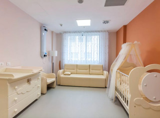 Трехкомнатная палата: спальня мамы, детская и гостевая.  Специальная послеродовая кровать, телевизор, кресло для кормления малыша. Вся мебель в палате выполнена из экологически чистых материалов и окрашена в нейтральные цвета. Два личных санузла, которые оснащены всем необходимым для пациенток как после естественных родов, так и после кесарева сечения