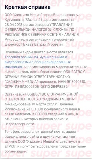 Данные о причинах ликвидации ООО, принадлежащего MiyaGi. Фото: rusprofile.ru