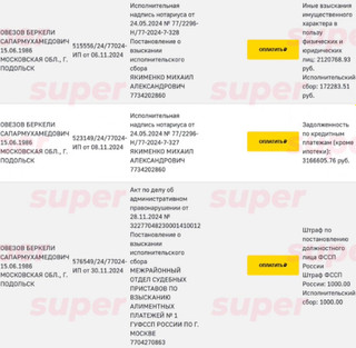 Неоплаченные долги Беркели Овезова. Фото: ФССП