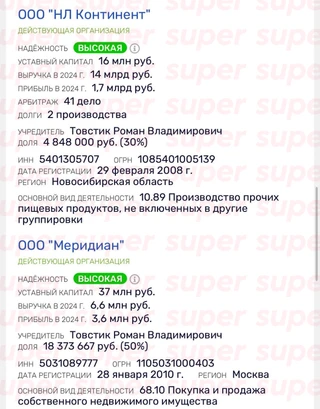 Компании Романа Товстика. Фото: Rusprofile