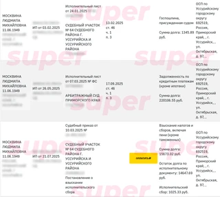 Информация о задолженности Ольги Москвиной. Фото: официальный сайт ФССП