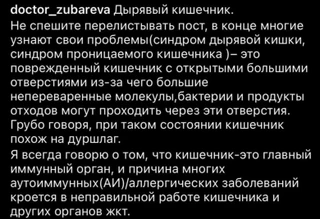 Теория дырявого кишечника, изложенная Натальей Зубаревой. Источник: инстаграм (запрещен в РФ) Натальи Зубаревой