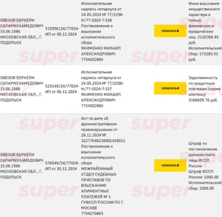 Неоплаченные долги Беркели Овезова. Фото: ФССП