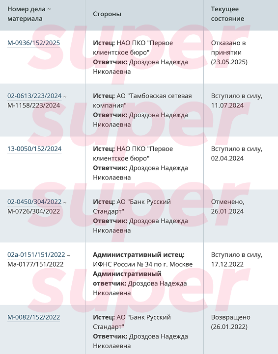 Суды Надежды Дроздовой. Фото: портал Мировых судей города Москвы