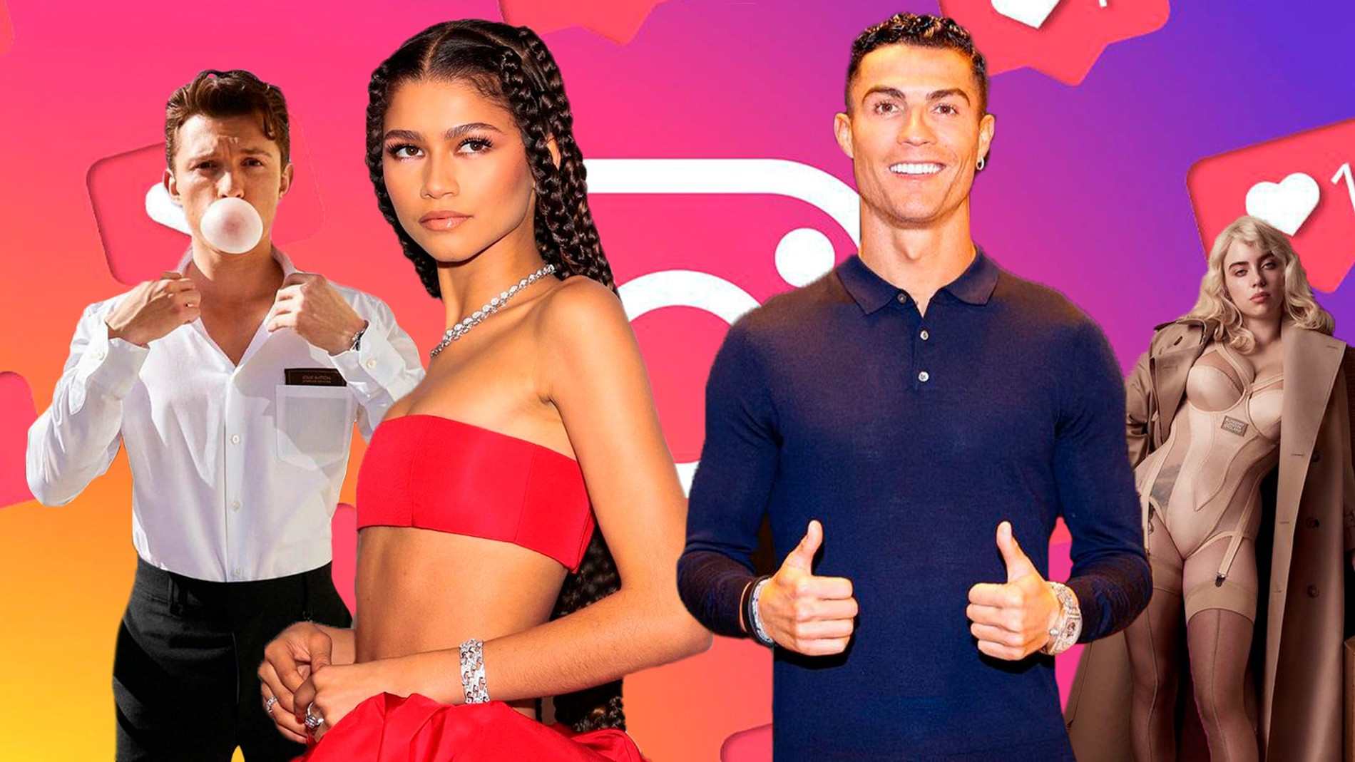 Фото: коллаж Super/@tomholland2013, @billieeilish, @cristiano