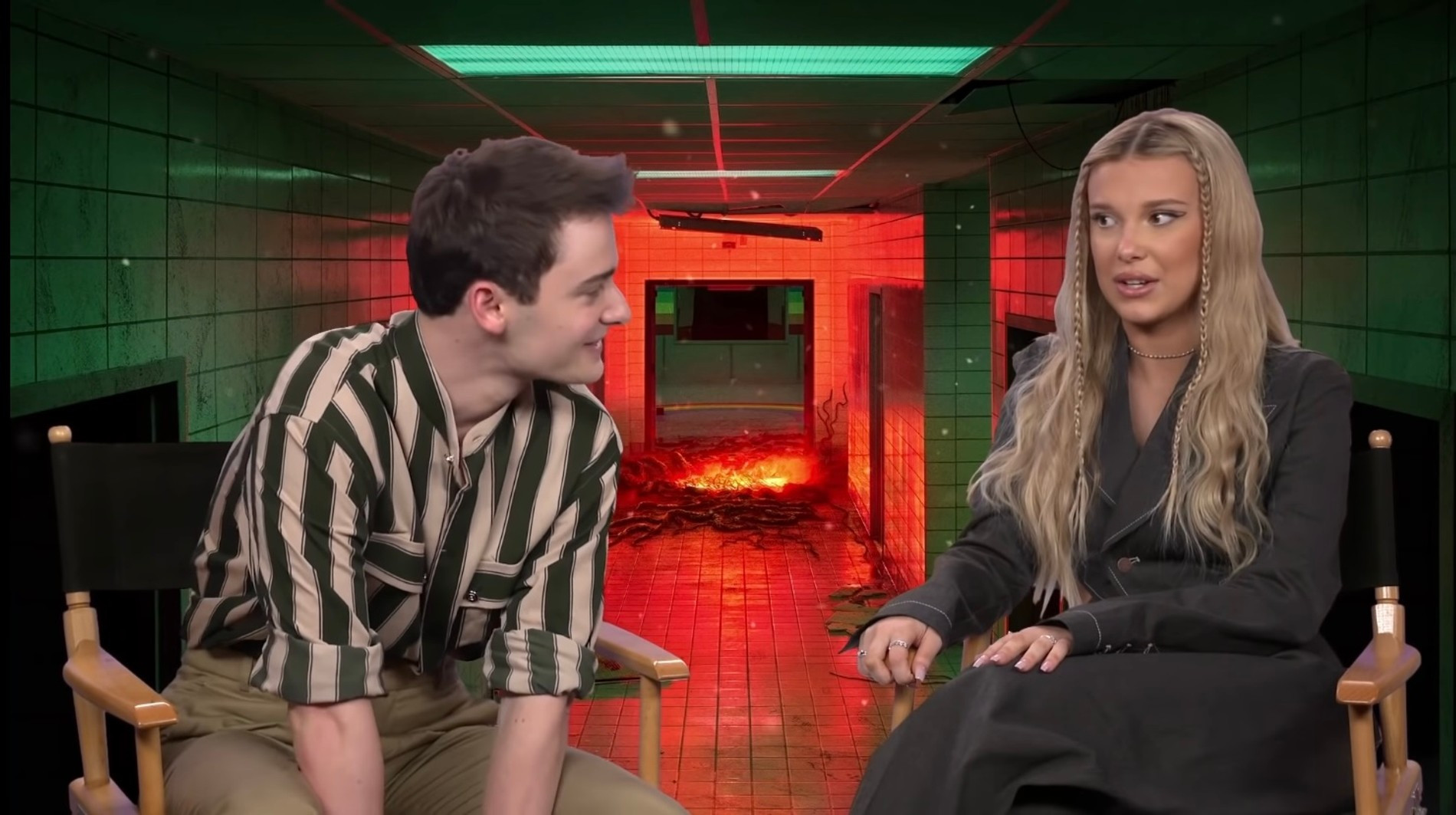 Стоп-кадр из нового интервью Милли Бобби Браун и Ноа Шнаппа для MTV News
