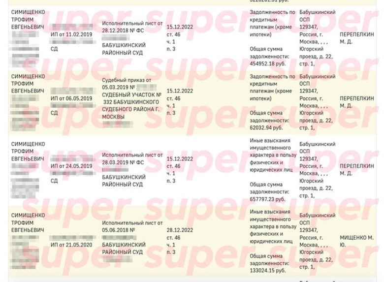 Задолженности Трофима Симищенко. Фото: скрин с сайта ФССП