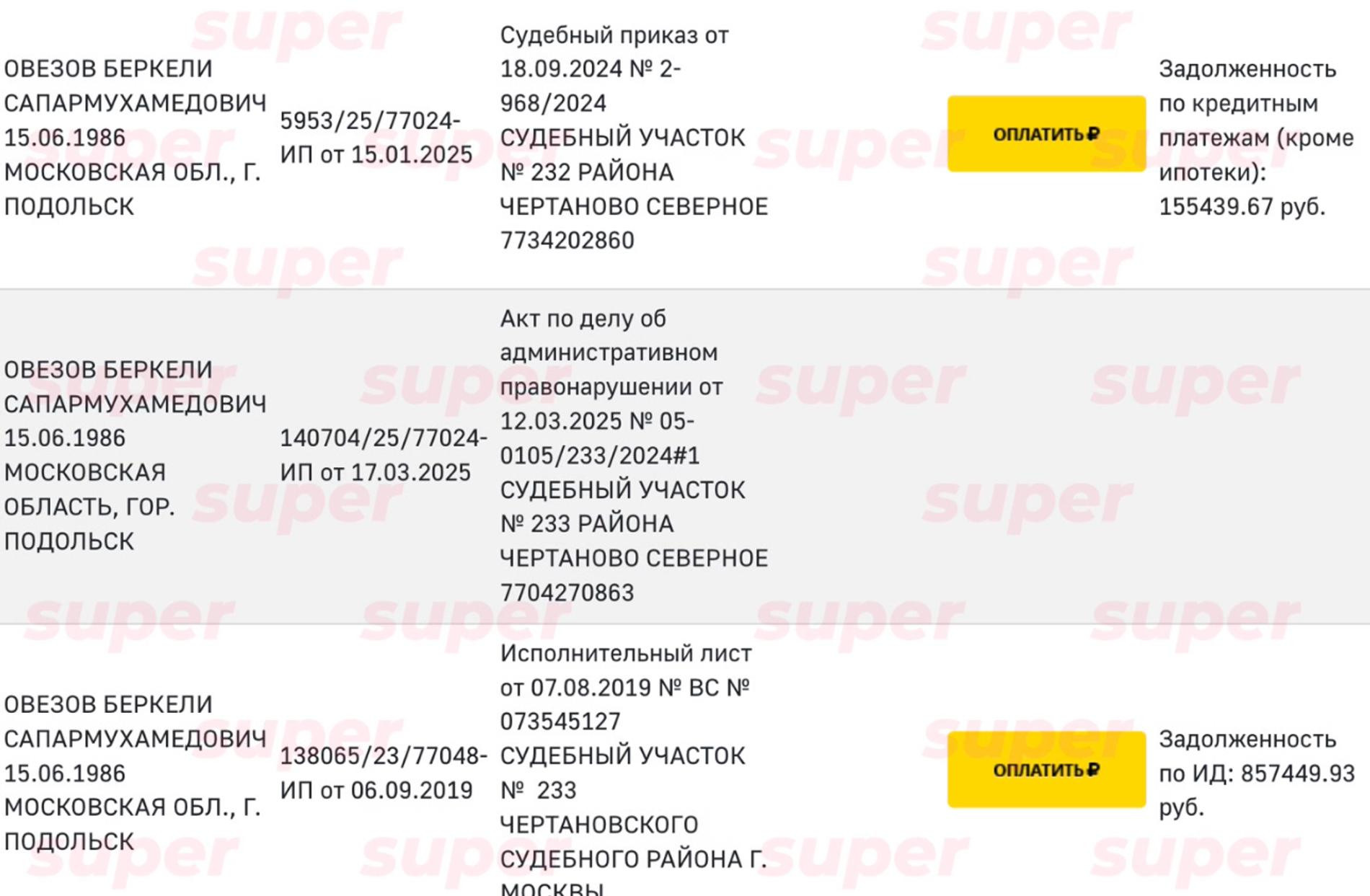 Неоплаченные долги Беркели Овезова. Фото: ФССП