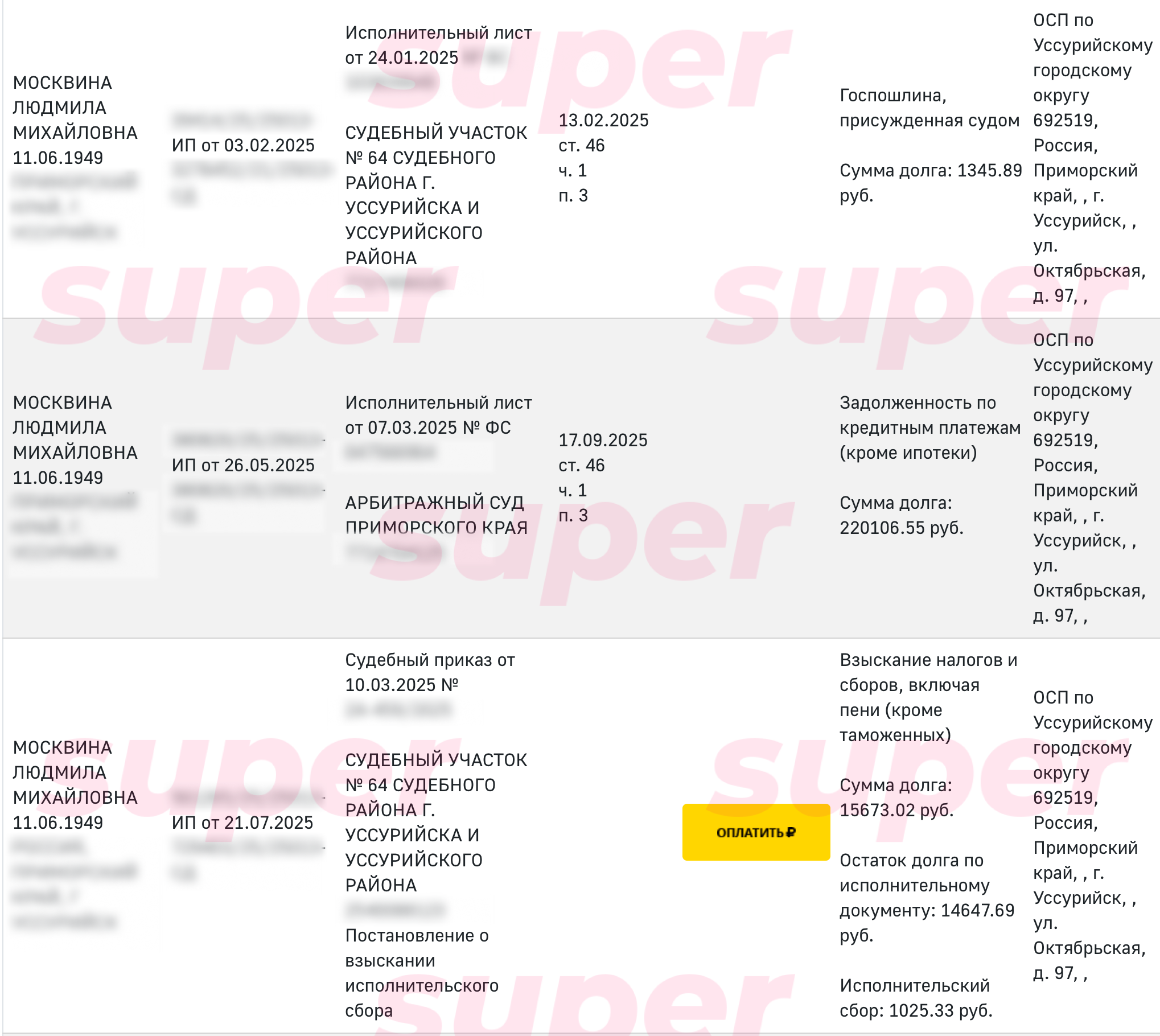 Информация о задолженности Ольги Москвиной. Фото: официальный сайт ФССП