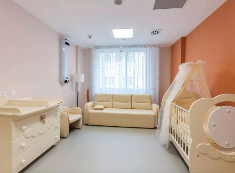 Трехкомнатная палата: спальня мамы, детская и гостевая. Специальная послеродовая кровать, телевизор, кресло для кормления малыша. Вся мебель в палате выполнена из экологически чистых материалов и окрашена в нейтральные цвета. Два личных санузла, которые оснащены всем необходимым для пациенток как после естественных родов, так и после кесарева сечения