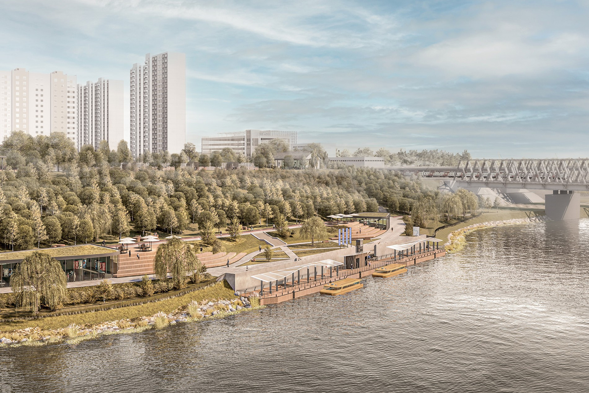 Набережная и причал Сабуровский мост в районе Москворечье-Сабурово. 
Рендер: Градплан Москвы
Источник: stroi.mos.ru