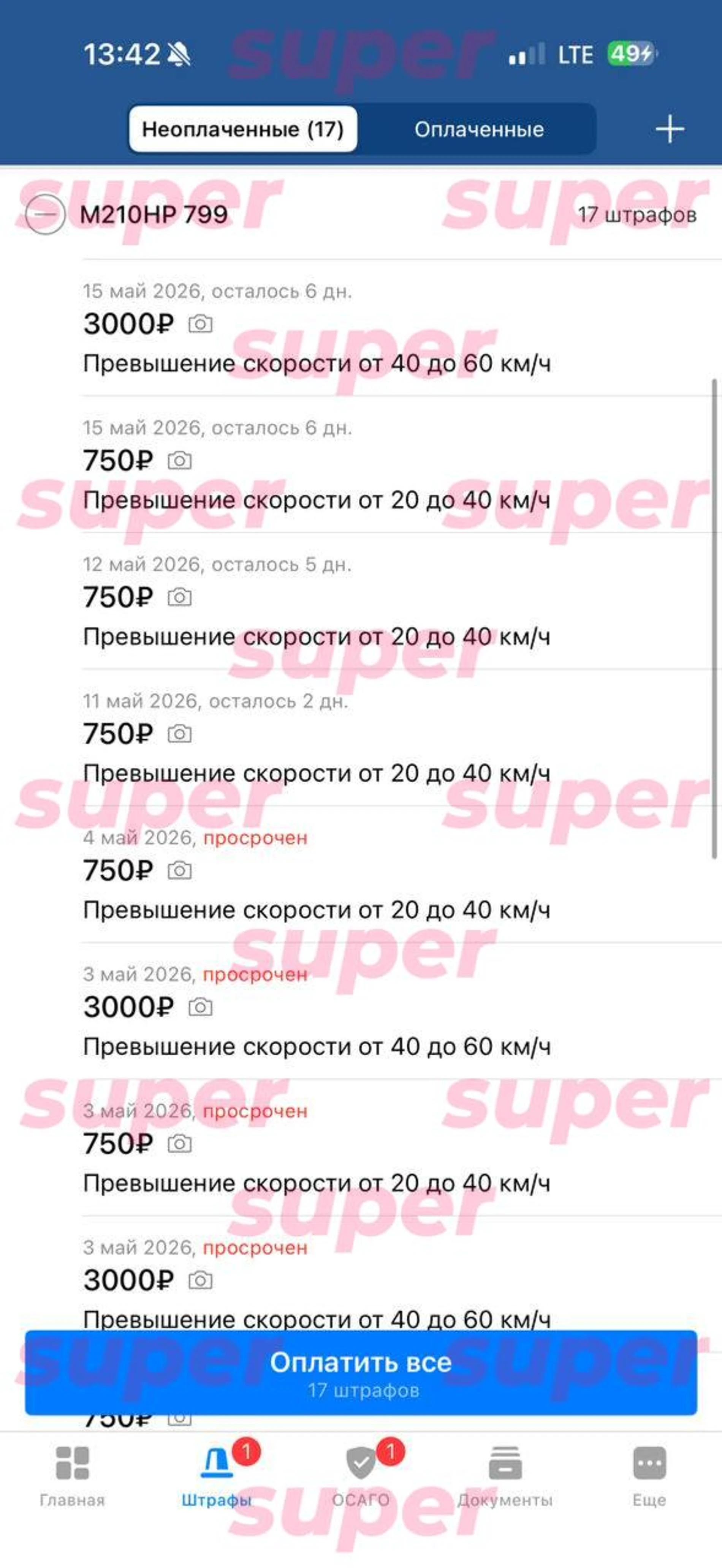 Штрафы за нарушение ПДД на автомобиль, который предположительно принадлежит семье Анны Рудневой. Скриншот: сервис «Штрафы ГИБДД»