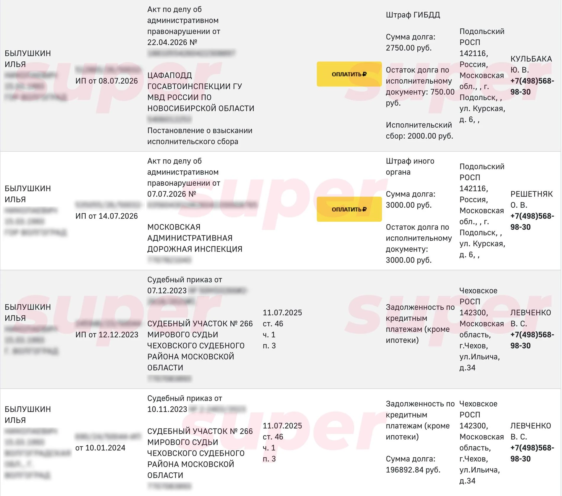 Информация о задолженности Ильи Былушкина. Скриншот: официальный сайт ФССП
